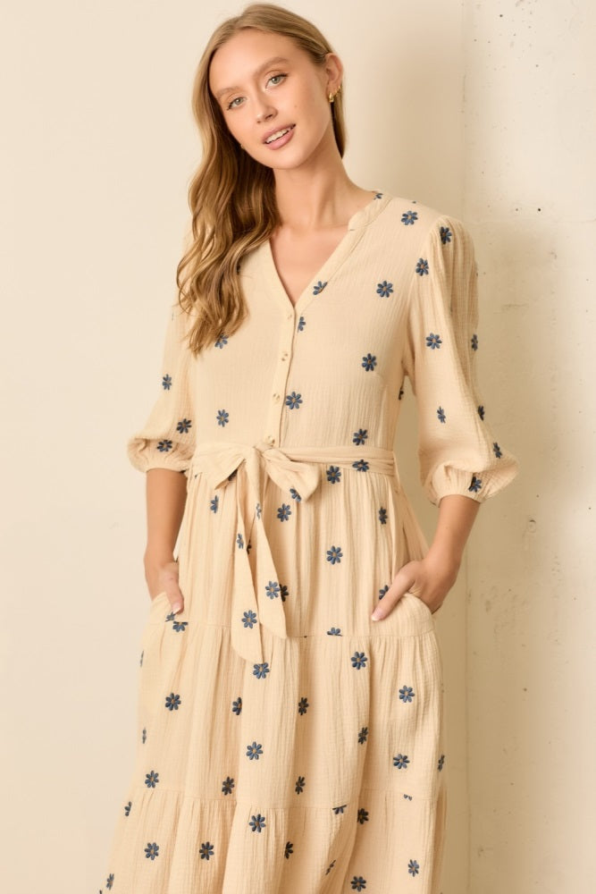 Cream Floral Cotton Gauze Tiered Midi Dress