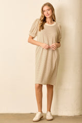 Mocha Striped Puff Sleeve Midi T-Shirt Dress