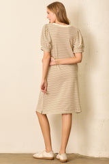 Mocha Striped Puff Sleeve Midi T-Shirt Dress