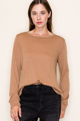 Camel Pointelle Knit Long Sleeve Top