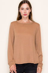 Camel Pointelle Knit Long Sleeve Top