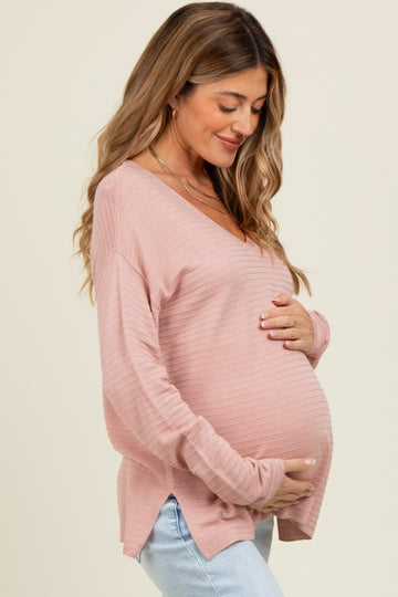Light Pink Striped Knit Maternity Long Sleeve Top