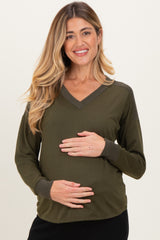 Olive V-Neck Knit Maternity Long Sleeve Top