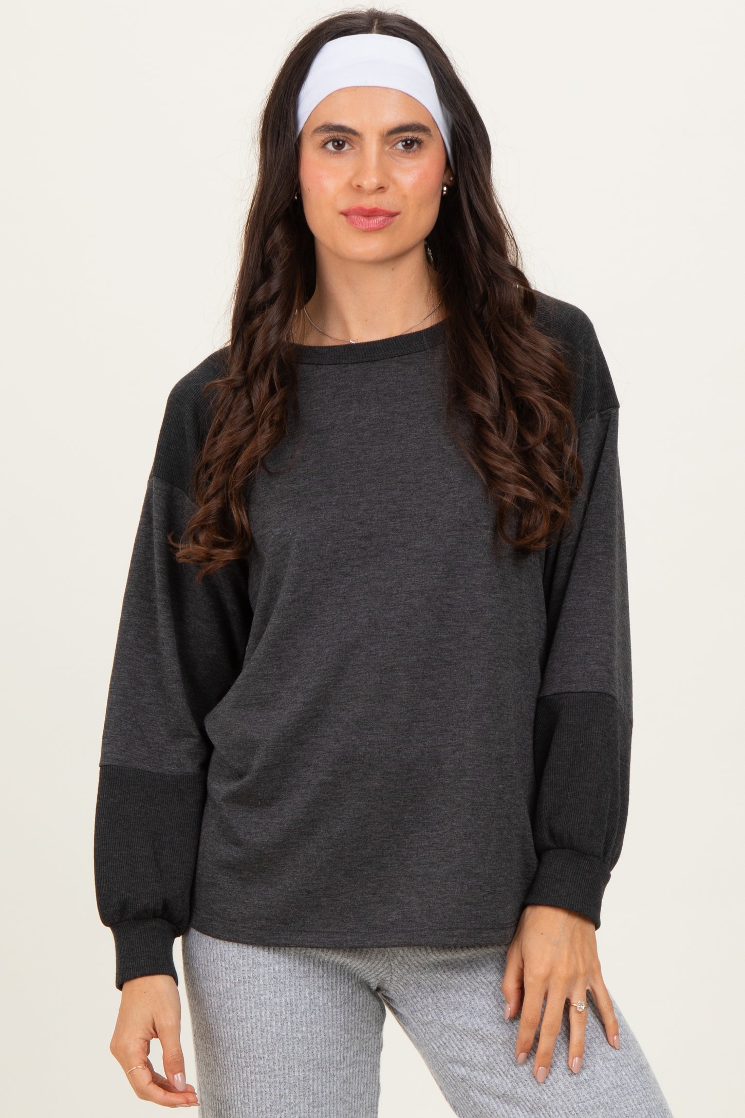 Charcoal Ribbed Bubble Sleeve Maternity Top