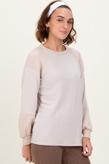 Cream Ribbed Bubble Sleeve Top