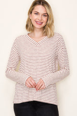 Burgundy Striped V-Neck Maternity Long Sleeve Top