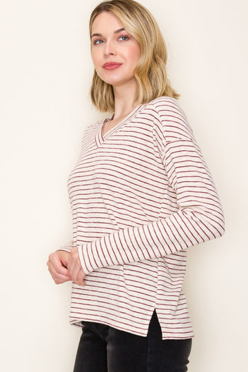 Burgundy Striped V-Neck Long Sleeve Top