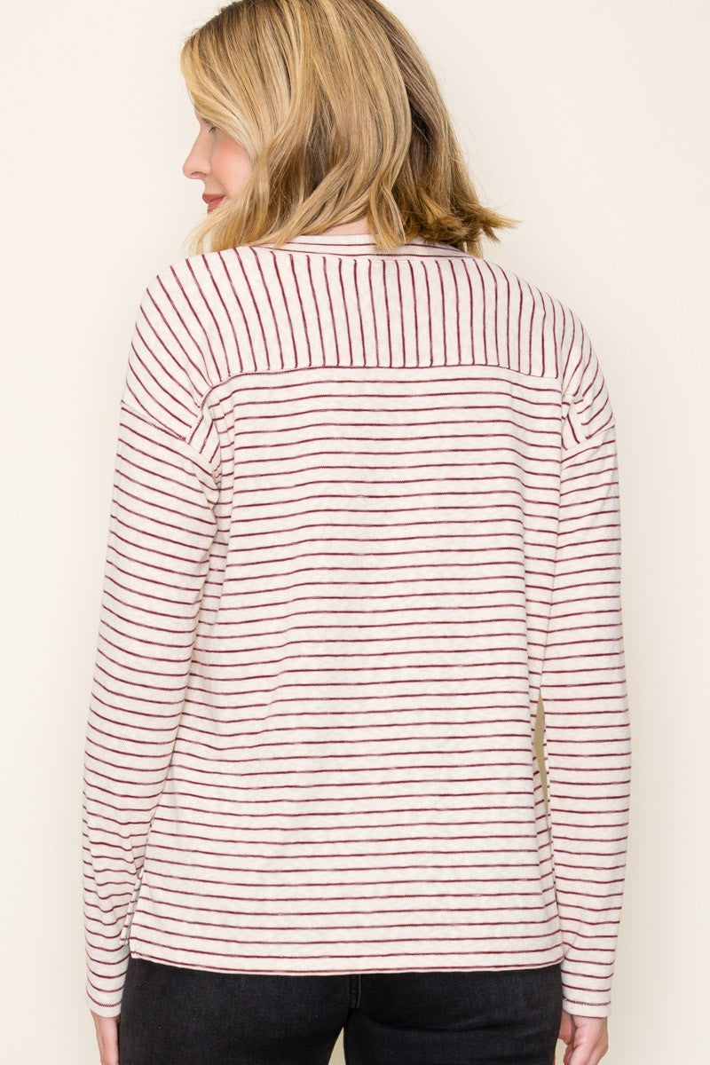 Burgundy Striped V-Neck Long Sleeve Top