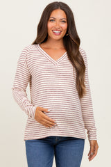 Burgundy Striped V-Neck Maternity Long Sleeve Top