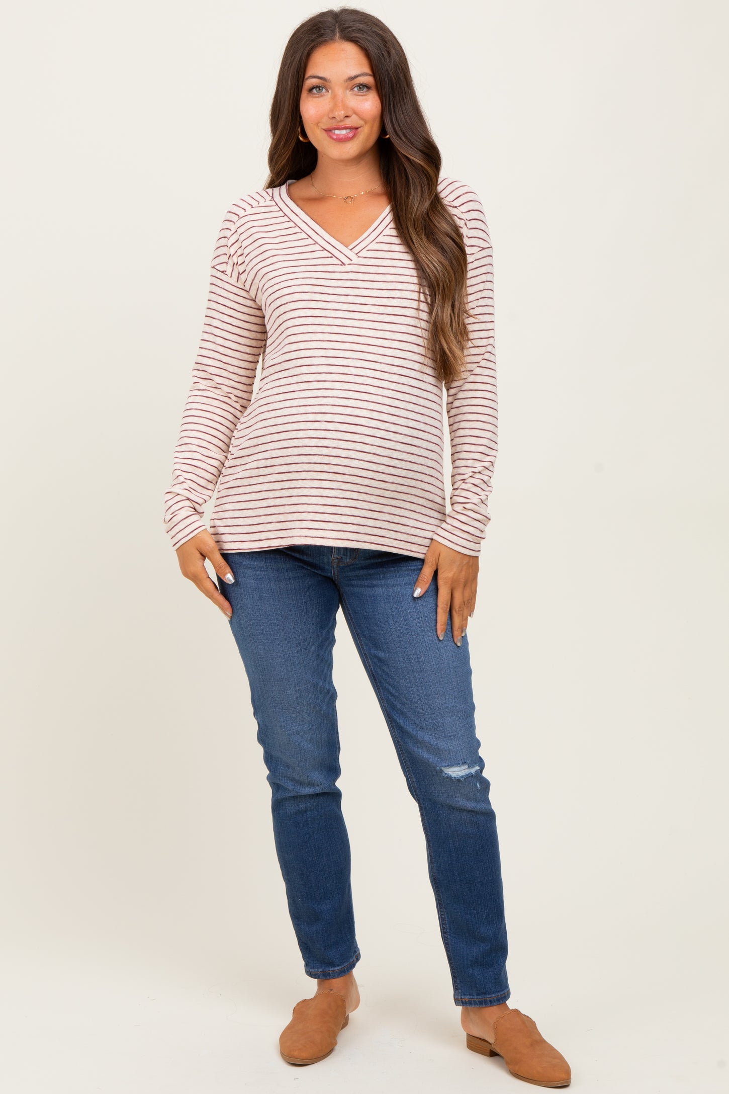 Burgundy Striped V-Neck Maternity Long Sleeve Top