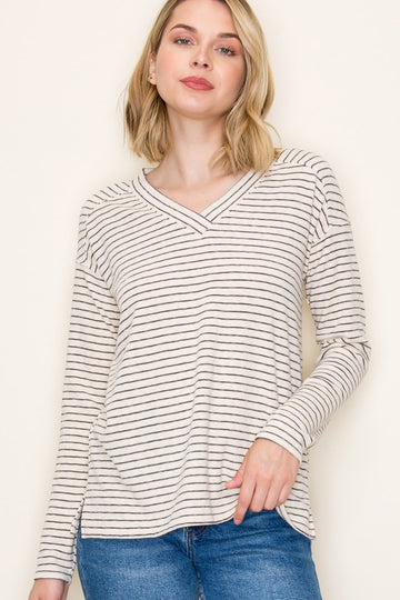 Charcoal Striped V-Neck Long Sleeve Top