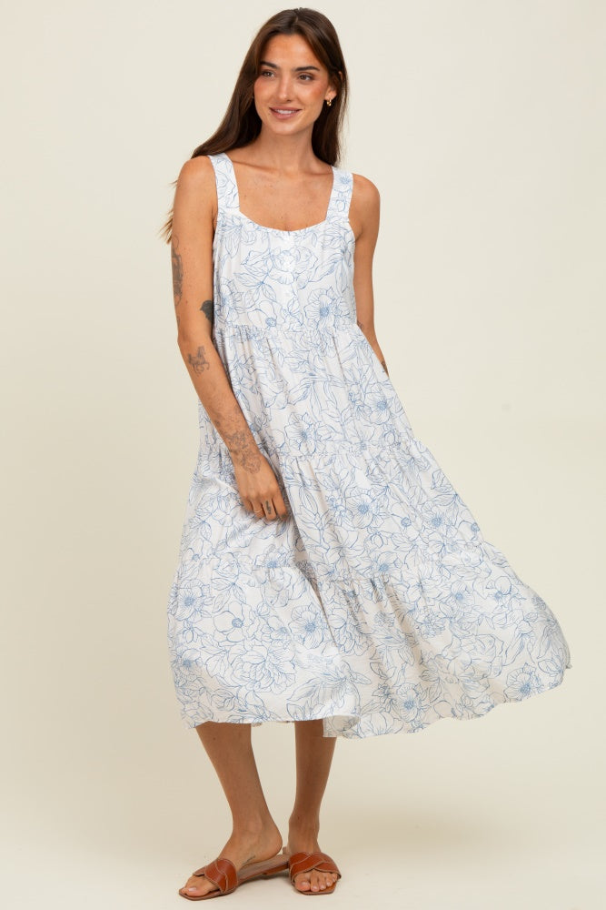 Blue Floral Tiered Sleeveless Midi Dress