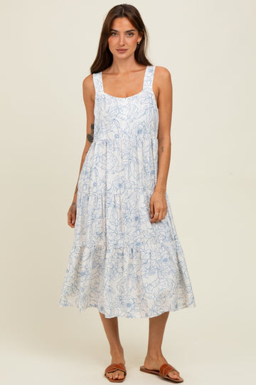 Blue Floral Tiered Sleeveless Midi Dress