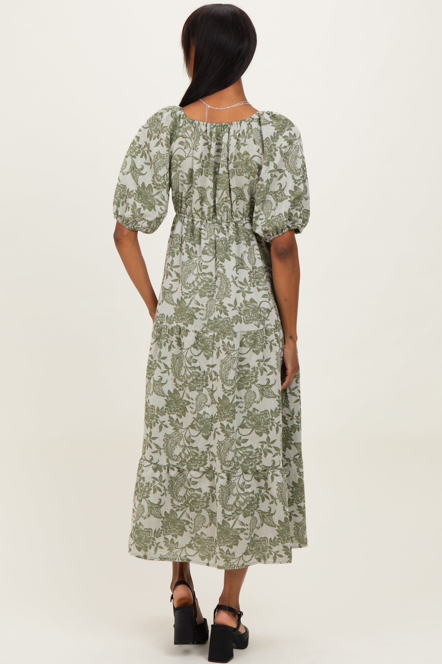 Green Floral V-Neck 3/4 Sleeve Midi Dress
