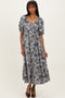 Black Floral V-Neck 3/4 Sleeve Midi Dress