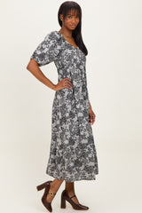 Black Floral V-Neck 3/4 Sleeve Midi Dress