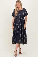 Navy Floral Embroidered Puff Sleeve Midi Dress