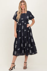 Navy Floral Embroidered Puff Sleeve Midi Dress