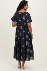 Navy Floral Embroidered Puff Sleeve Maternity Midi Dress