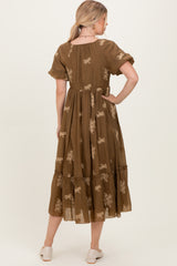 Mocha Floral Embroidered Puff Sleeve Midi Dress