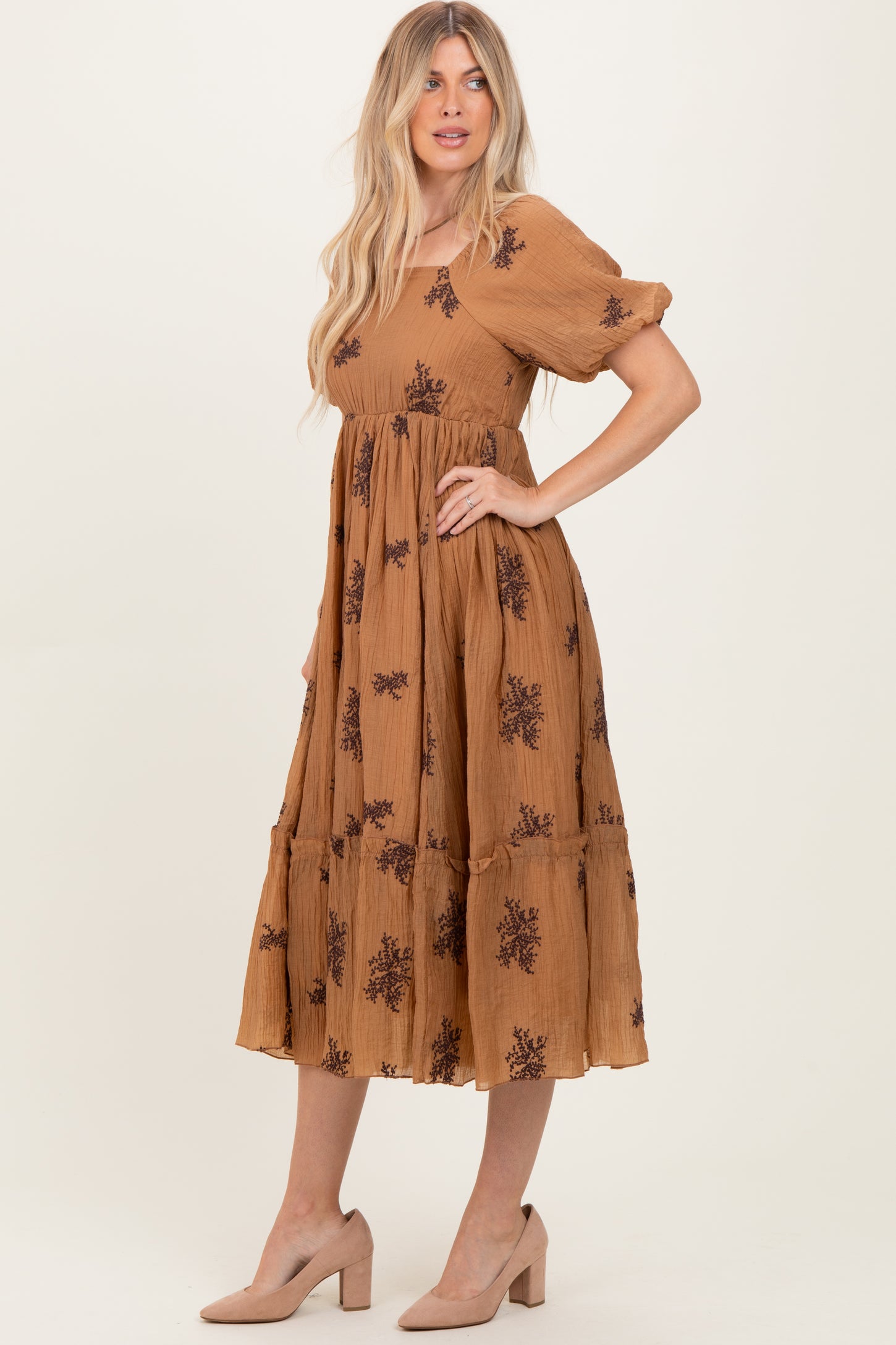 Taupe Floral Embroidered Puff Sleeve Midi Dress
