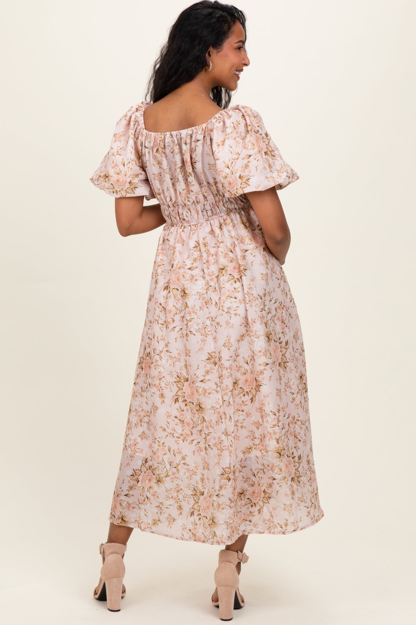 Beige Floral Puff Sleeve Maternity Midi Dress