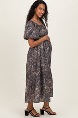 Brown Floral Puff Sleeve Maternity Midi Dress