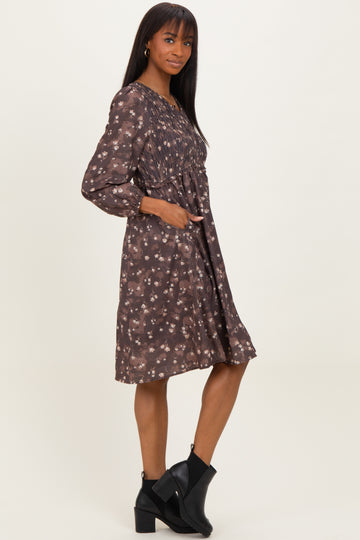 Brown Floral Smocked Long Sleeve Dress