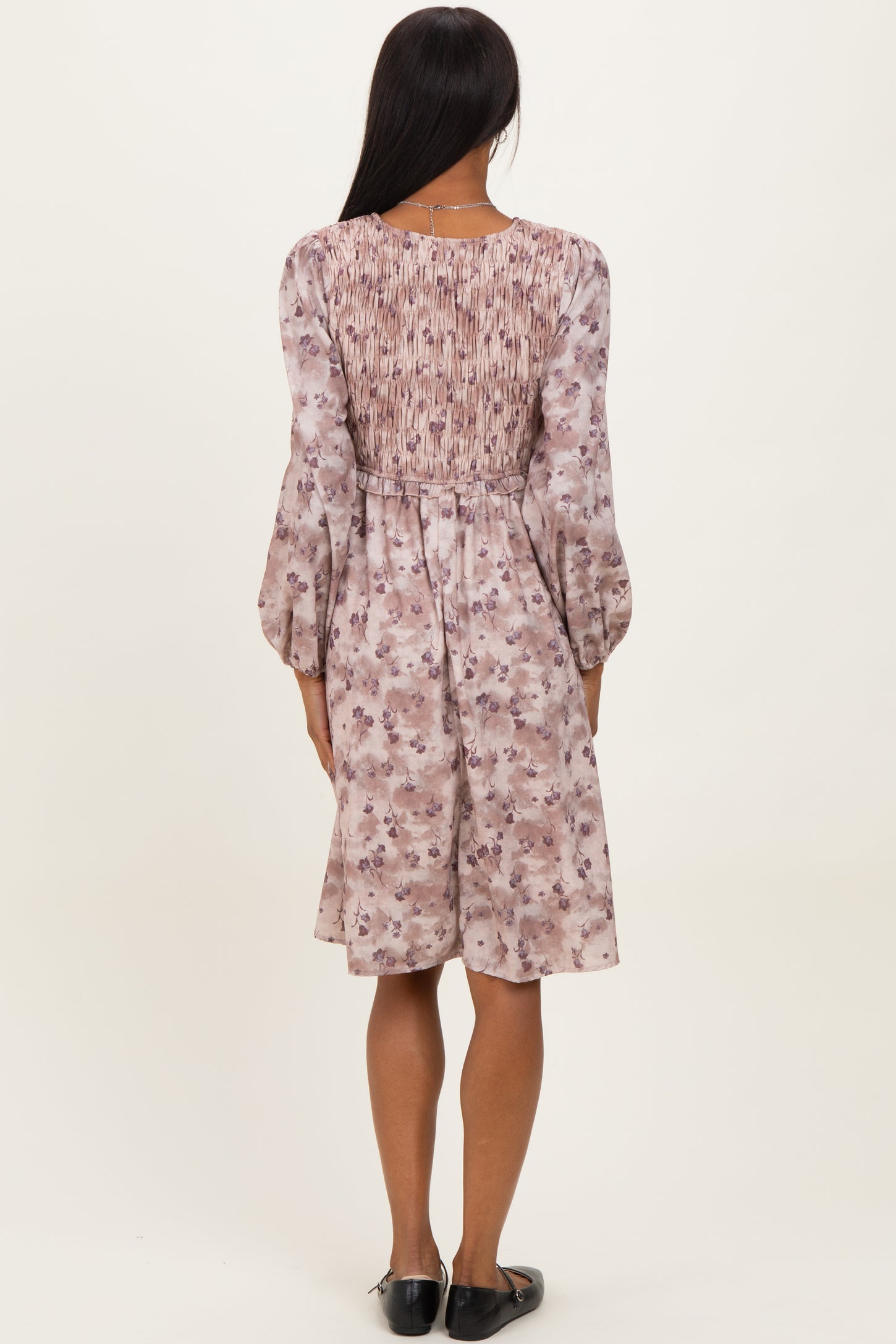 Beige Floral Smocked Long Sleeve Dress