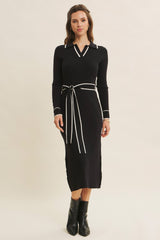 Black Soft Stretchy Rib Fitted Sweater Midi Dress