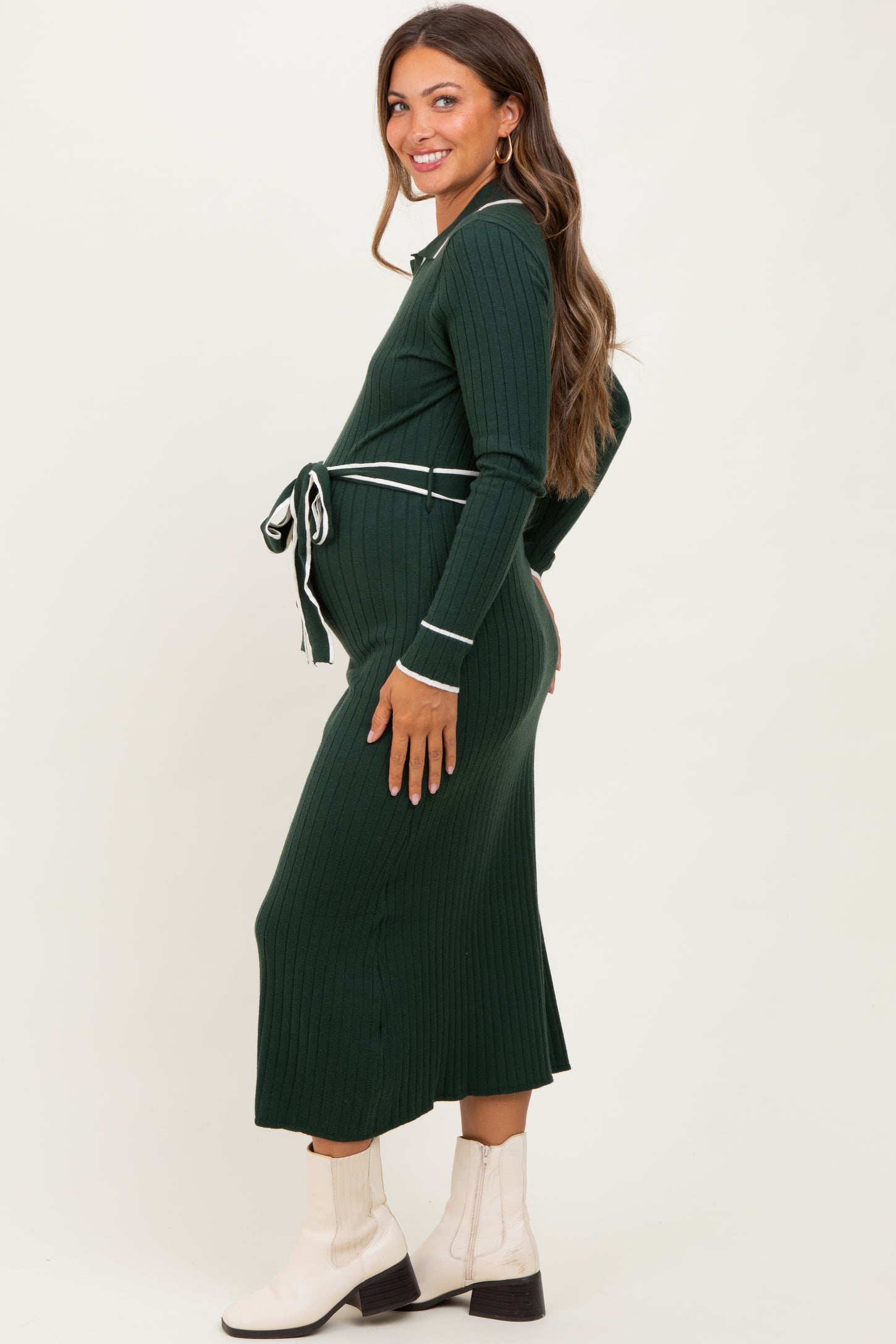 Hunter Green Soft Stretchy Rib Fitted Maternity Sweater Midi Dress