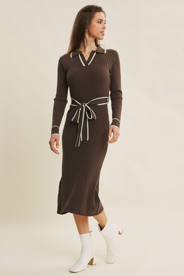 Brown Soft Stretchy Rib Fitted Sweater Midi Dress