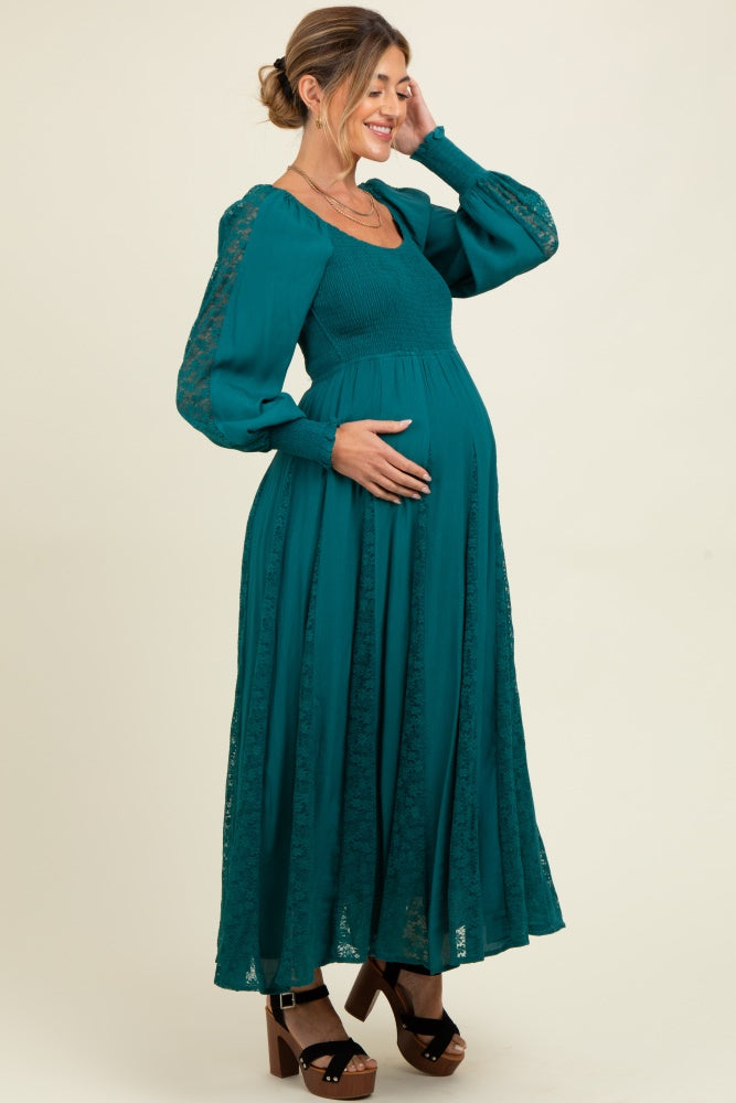 Emerald Lace Inset Smocked Maternity Maxi Dress