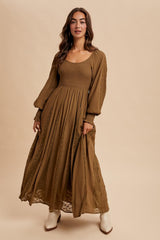 Brown Lace Inset Smocked Maxi Dress