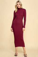 Burgundy Turtle Neck Ribbed Fitted Long Sleeve Maternity Maxi Dress