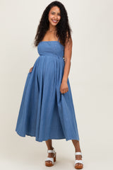 Denim Open Tied Back A-Line Maternity Midi Dress