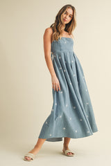 Denim Tied Back Embroidered Midi Dress
