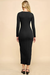 Black Scoop Neck Long Sleeve Front Slit Maxi Dress