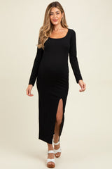 Black Scoop Neck Long Sleeve Front Slit Maternity Maxi Dress
