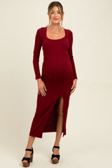 Burgundy Scoop Neck Long Sleeve Front Slit Maternity Maxi Dress
