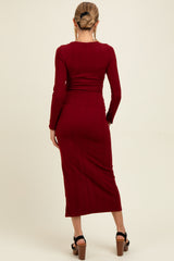 Burgundy Scoop Neck Long Sleeve Front Slit Maternity Maxi Dress