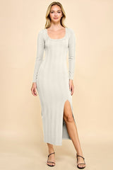 Cream Scoop Neck Long Sleeve Front Slit Maternity Maxi Dress