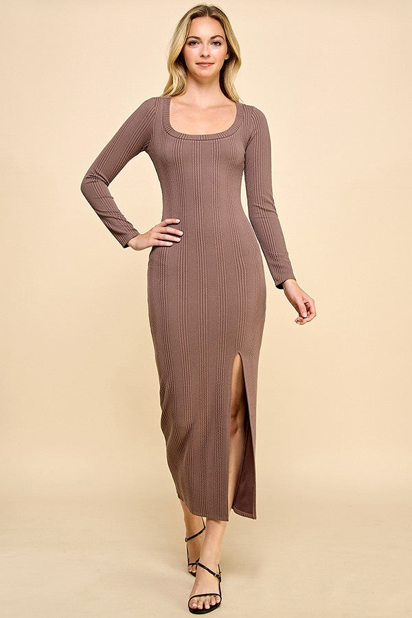 Brown Scoop Neck Long Sleeve Front Slit Maternity Maxi Dress