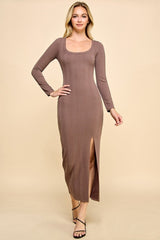 Brown Scoop Neck Long Sleeve Front Slit Maxi Dress