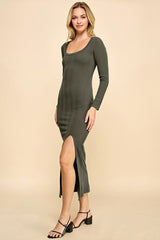 Olive Scoop Neck Long Sleeve Front Slit Maxi Dress