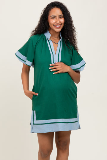 Forest Green Colorblock Border Print Maternity Mini Shift Dress