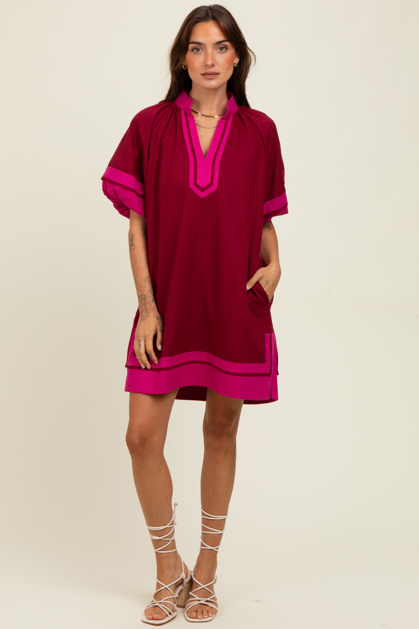 Burgundy Colorblock Border Print Mini Shift Dress