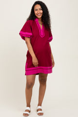 Burgundy Colorblock Border Print Maternity Mini Shift Dress