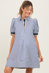 Navy Blue Striped Puff Sleeve Maternity Mini Shirt Dress