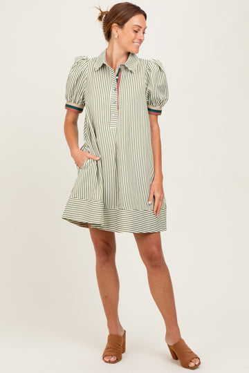 Light Olive Striped Puff Sleeve Mini Shirt Dress